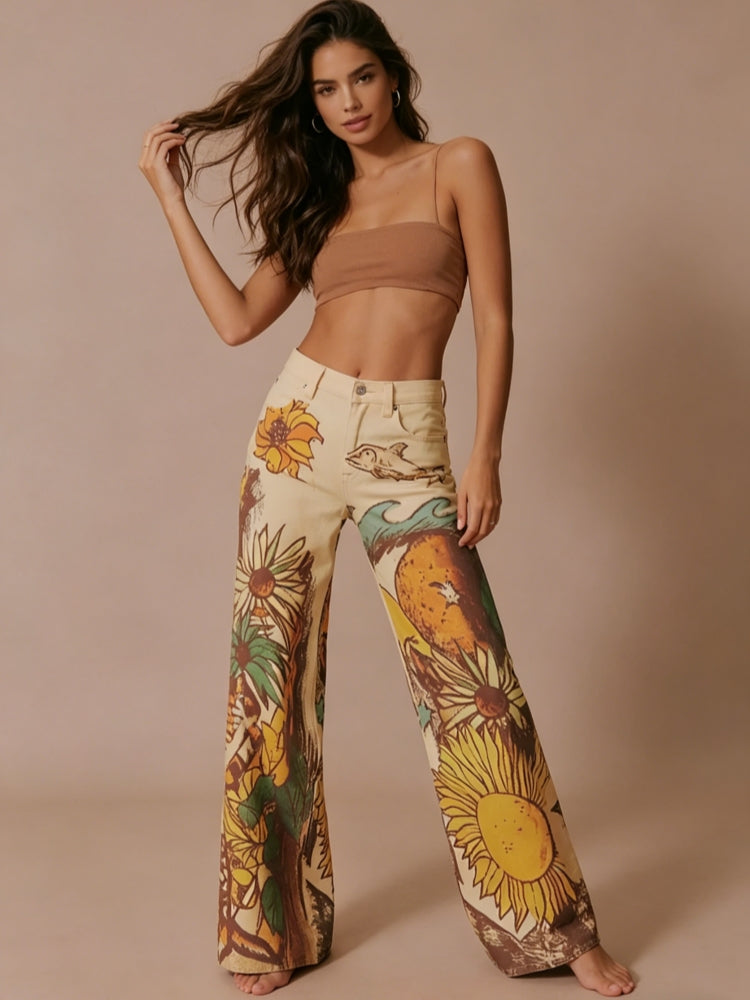 Sunflower Print Mid-Rise Straight Leg Jeans
