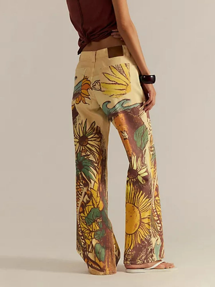 Sunflower Print Mid-Rise Straight Leg Jeans