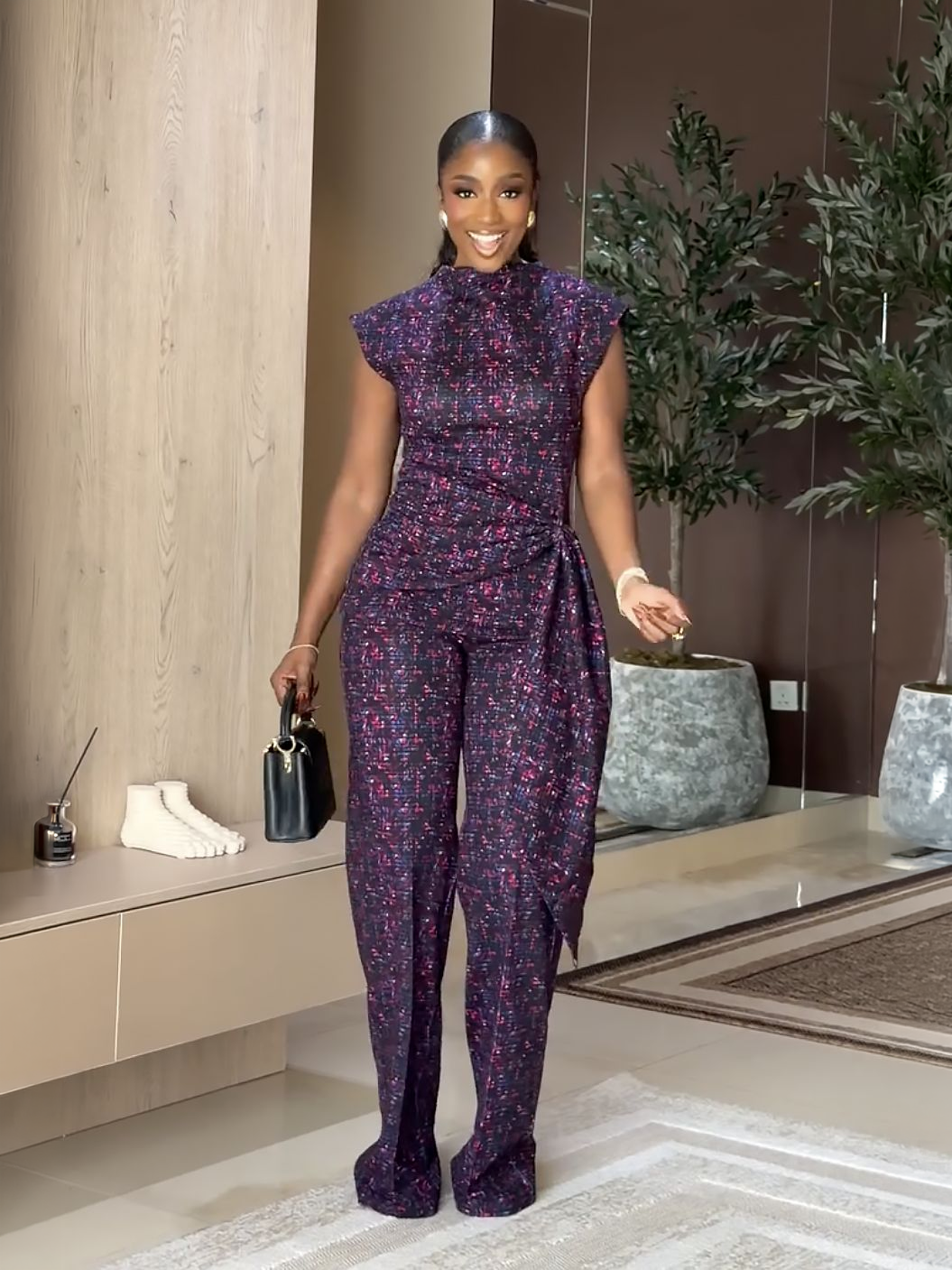 Purple Mosaic Print Wrap Waist Pants Set
